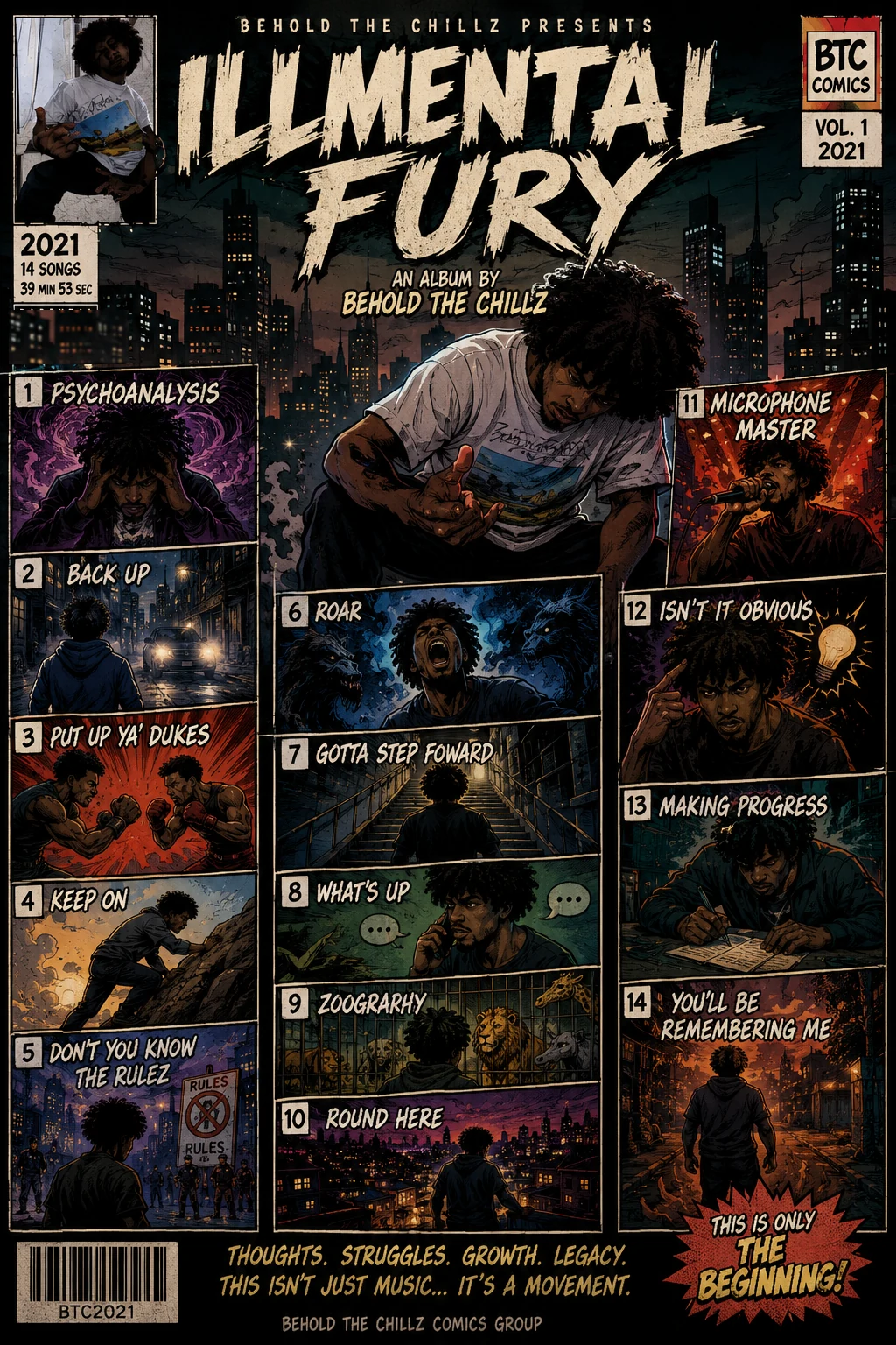 Illmental Fury comic-book cover: fourteen illustrated song panels around a central figure, with the title in torn cream lettering over a night city skyline.